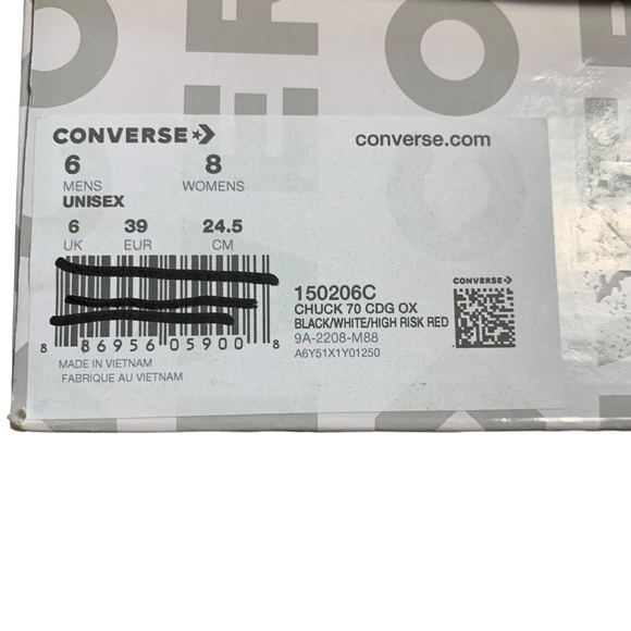 Converse x Comme de Garçons Play Chuck 70 Black/White/Red Sneaker Women’s Size 8 - Picture 8 of 10